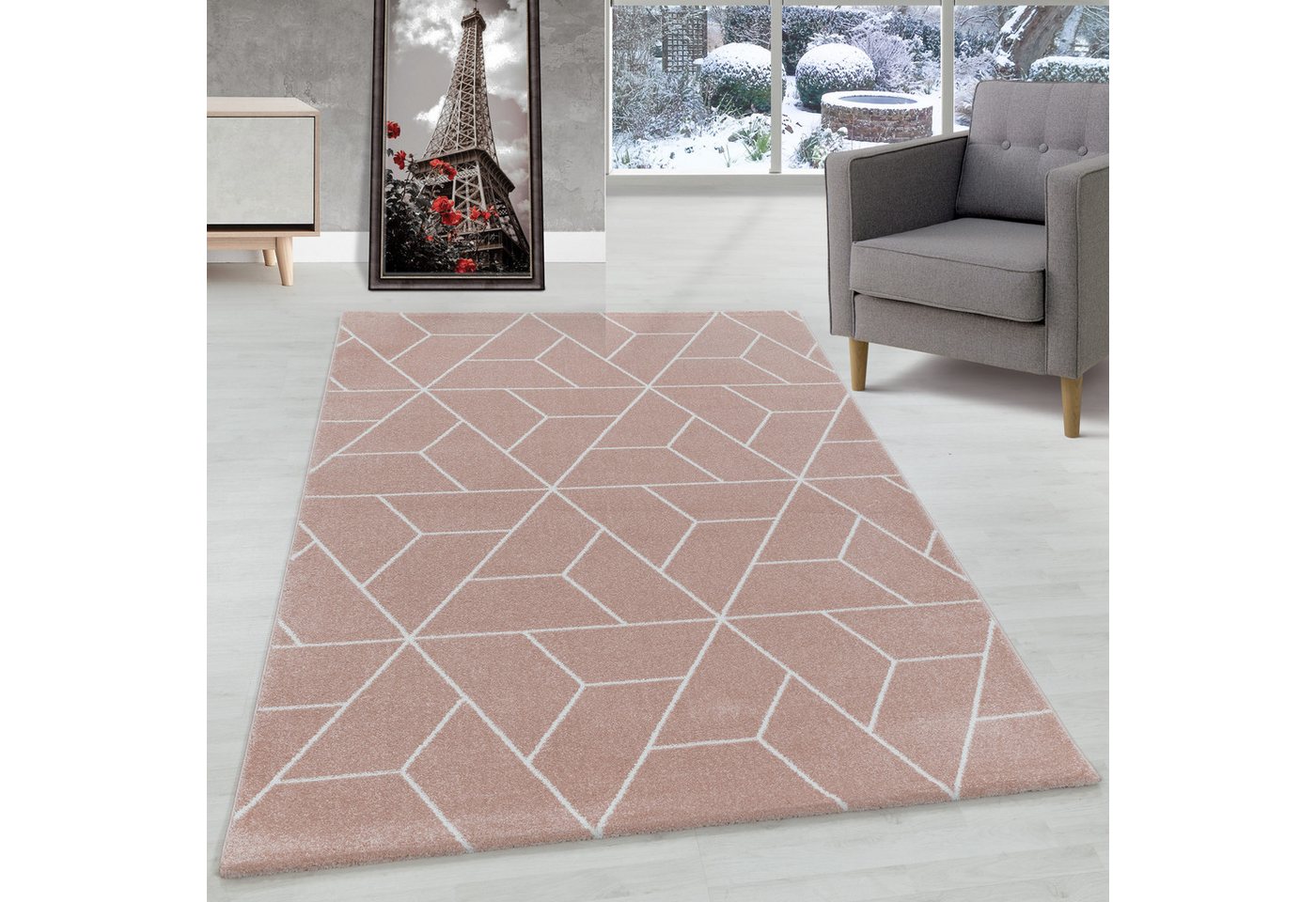 Frisé-Teppich Geometrisch Design, Carpettex, Läufer, Höhe: 10 mm, Kurzflor Teppich Geometrisch Design Rosa Teppich Wohnzimmer von Carpettex