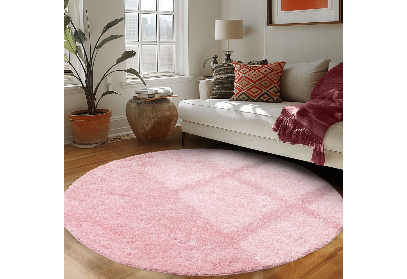 Hochflor-Teppich Unicolor - Einfarbig, Carpettex, Rund, Höhe: 30 mm, Modern Kurzflor Teppich Wohnzimmer Abstrakt Design Rosa Pflegeleicht von Carpettex