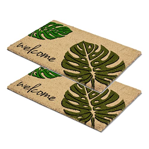 Carpido Fußmatte Kokos Monstera Welcome – Türmatte 40x60 cm 2er Set – antibakterielle Matte – Kokosmatte mit Vinylrücken – natürliches Material – 100% Kokos von Carpido