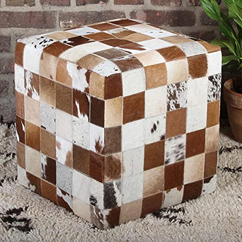 Casa Moro Patchwork Fell-Hocker Jaspal 45x45x48 cm (B/T/H) braun weiß aus echtem Fell & Holz | Sitzhocker Luxus Würfel-Hocker Pouf Echtfell Sitzwürfel | edel Polsterhocker | HH5607 von Casa Moro