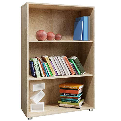 Casaria® Bücherregal 3 Fächer 115x60x28cm Höhenverstellbare Böden Holz Offen Modern Stehend Arbeitszimmer Büro Wohnzimmer Standregal Regal Vela Eiche von Casaria