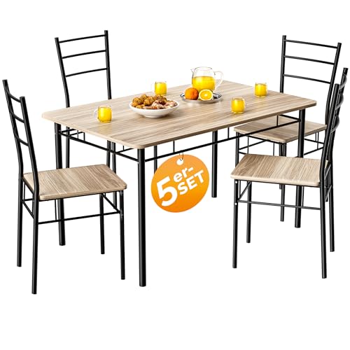 Casaria® Esstisch mit 4 Stühlen Holz 5-TLG Set Metall 110x70cm Industrial Modern Esszimmer Küche Stühle Tisch Möbel Essgruppe Sitzgruppe Leo Eiche hell von Casaria