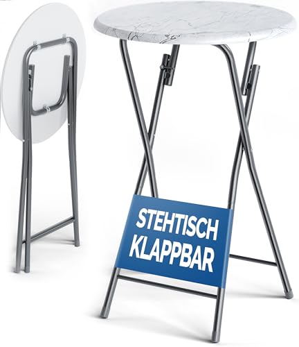 Casaria® Stehtisch 2er Set Klappbar Höhe 110cm Ø 60cm Marmor Optik Beistelltisch Klapptisch Bartisch Cocktail Esstisch Rund Hochtisch Gartentisch weiß von Casaria