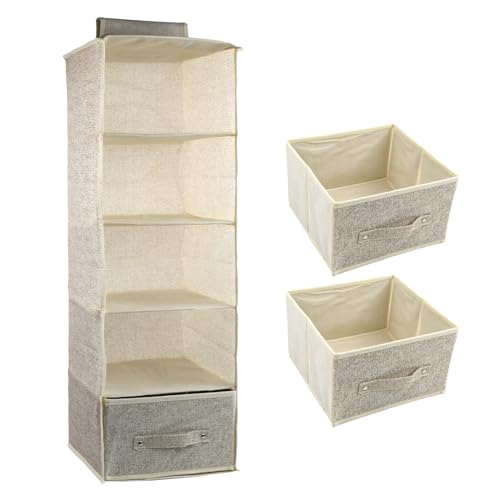 Catime 5 Fächern Schrank Organizer Hängend 25x25x90cm, Hängeregal Kleiderschrank, Hängeaufbewahrung Klein, Hängeorganizer mit 2 Entfernbaren Schubladen (Beige) von Catime