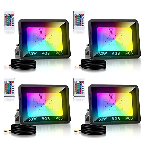 Cecaylie 4er 30w RGB LED Strahler mit Fernbedienung für Terrassen- & Verandabeleuchtung - 16 Farben, 4 Modi, IP66 Wasserdicht, Dimmbar, Memoryfunktion von Cecaylie