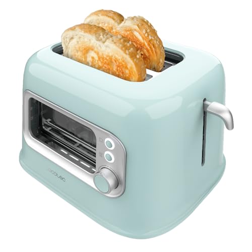 Cecotec RetroVision Blue Vertikaler Toaster, 2 breite Schlitze, 700 W auf 5 Stufen, 2 Brotscheiben, Kontrollfenster, Retro-Design, Staubschutz, automatische Abschaltung und Pop-up von Cecotec