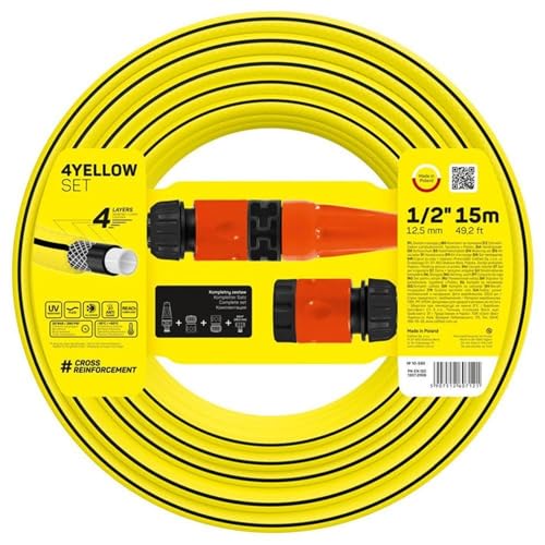 Cellfast Set Gartenschlauch YELLOW, Leicht, Strapazierfähig, 4-lagig, Regner, UV und Algenfest, Verwindungsfestigkeit, REACH-Technologie, 20 bar, -10/+50° Verschluss: 1/2", 15m von Cellfast