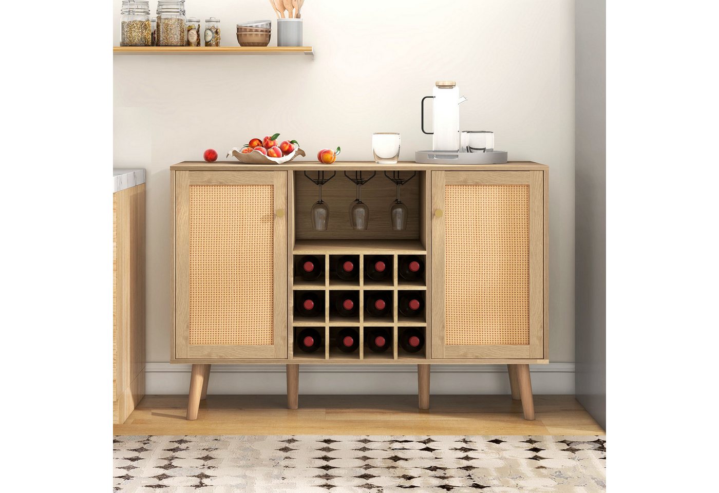 Celya Seitenschrank 120 cm langes Weinregal aus Holzimitat, 2 Rattantüren,Sideboard von Celya