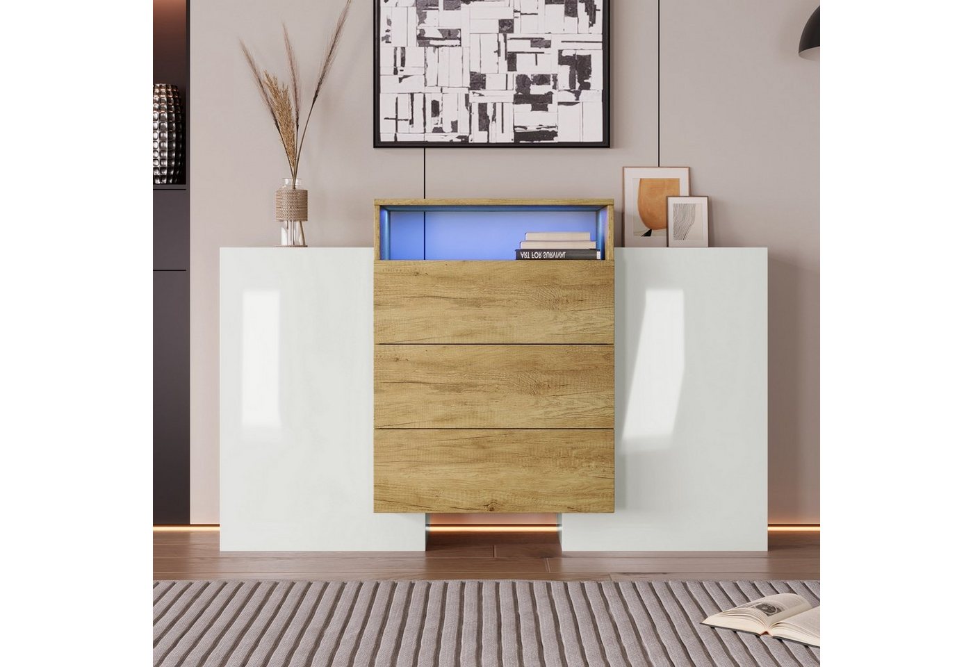 Celya Sideboard Moderner Sideboard, Kommode, Schrank 140cm,LED-Lichteffekte, Weiß, 3 Schubladen, 2 Türen, Großer Stauraum, 140 L x 30 B x 77,5H(cm), Produktladung :80kg von Celya