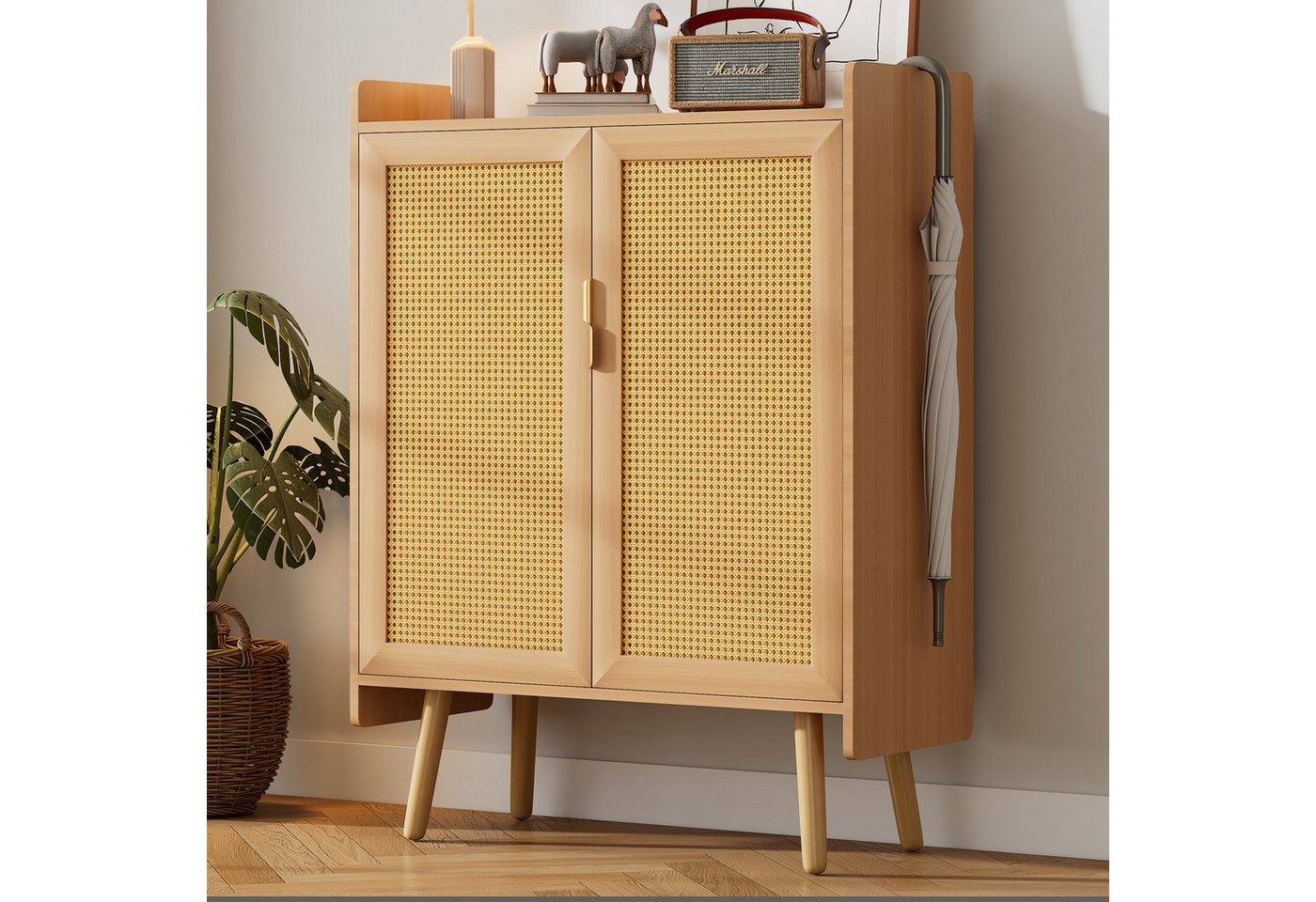 Celya Sideboard Sideboard Kommode mit 2 Türen, Geflochtenem Rattan-Design, B80/T35/H105,5 cm von Celya