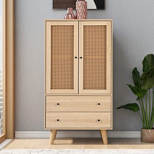 Celya Sideboard aus Holz, 140 cm lang, mit PE-Kunststoff-Rattantür und verstellbaren Einlegeböden, 3 Schubladen, Sideboard mit 3 Schiebetüren (Oak(A)) von Celya