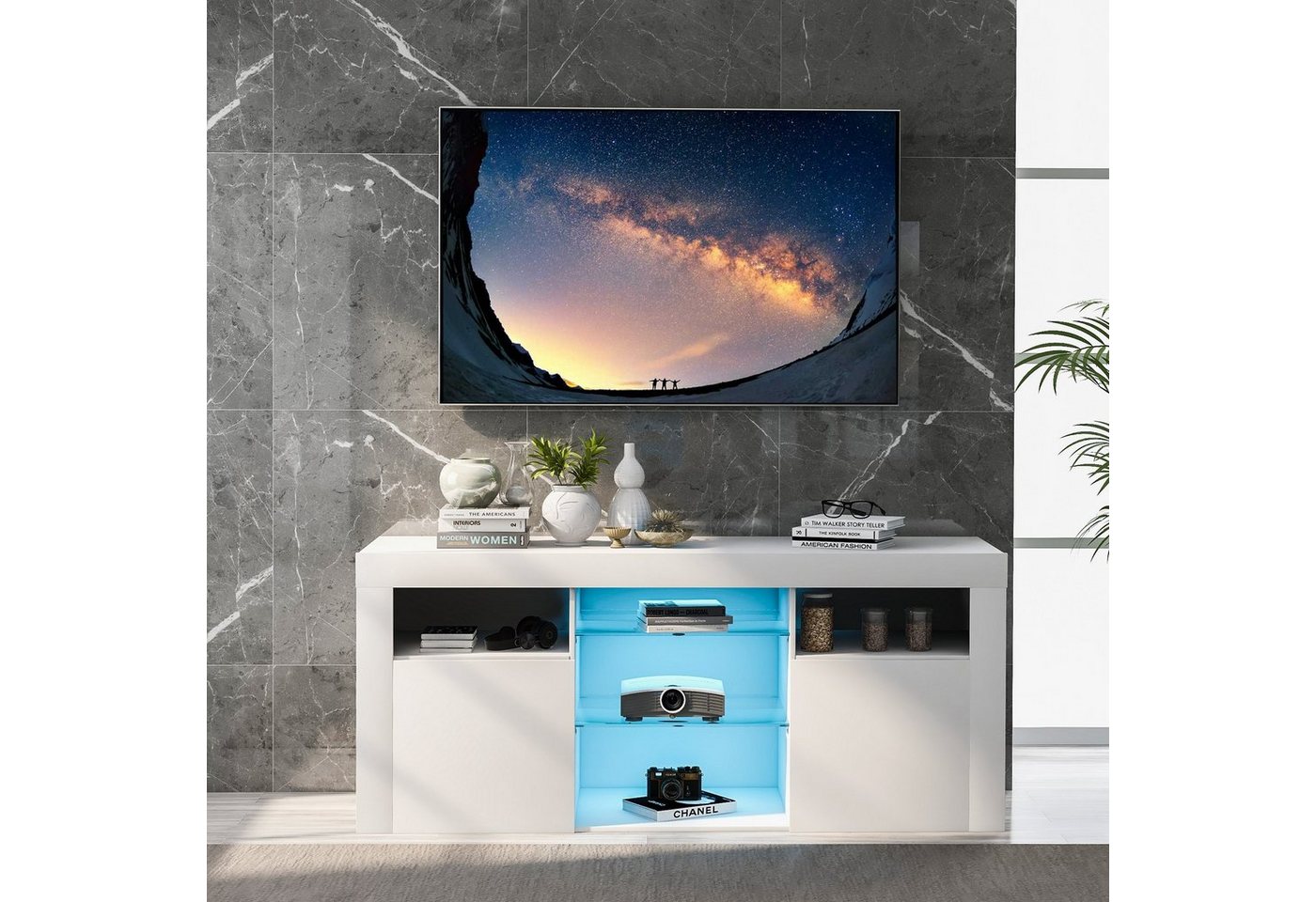 Celya TV-Schrank LED-TV-Schrank mit 2 Schränken mit Türen und 5 offenen Regalen 16-farbige LED-Beleuchtung, TV-Möbel für bis zu 55 Zoll Fernseher von Celya