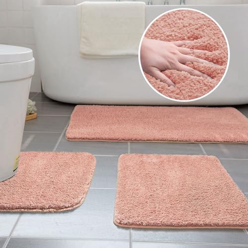 Ceneco 3 Stück Mikrofaser Badematten für Badezimmer rutschfeste Badematten Waschbar 40×50cm U Form Toilettenmatte, 50×60cm Kleiner Badeteppich, 50×80cm Badewannenteppich (Rosa) von Ceneco