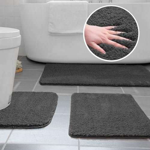 Ceneco Badematten-Sets 3 Stück rutschfeste Mikrofaser-Badematten waschbar 40×50cm U-Form Toilettenmatte, 50×60cm Kleiner Badvorleger, 50×80cm Badewannenteppich (Anthrazit) von Ceneco