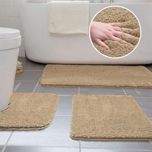 Ceneco 3 Stück Mikrofaser Badematten für Badezimmer rutschfeste Badematten Waschbar 40×50cm U Form Toilettenmatte, 50×60cm Kleiner Badeteppich, 50×80cm Badewannenteppich (Khaki) von Ceneco