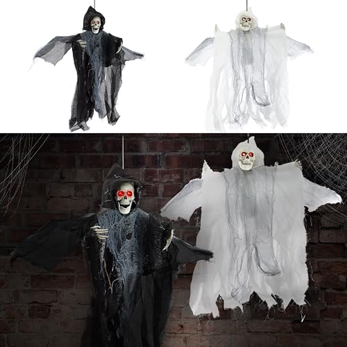 Cepewa Halloween Sensenmann 2er Set zum Aufhängen | Kunststoff Polyester H46cm | Sound LED Lichteffekt Berührungssensor (1 x 2er Set Sensenmann 46cm) von Cepewa