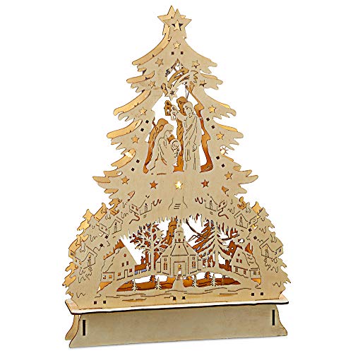Cepewa Schwibbogen Kunst Weihnachten Holztannenbaum Krippe Weihnachtsdeko fürs Fenster mit 10 LEDs in warm weiß H 43 cm B 29cm von Cepewa