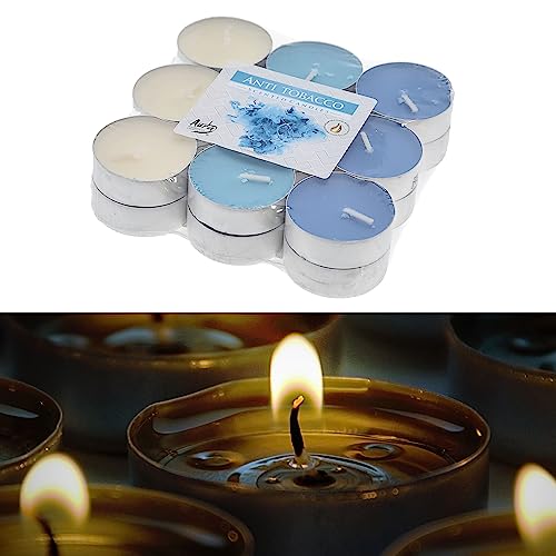 Duft Teelichter 18er Set Anti Tabak │ Ø3,9 x1,5cm weiß türkis hellblau │ Duftkerze Paraffinwachs (1 x 18er Set Teelichter Anti Tabak) von Cepewa