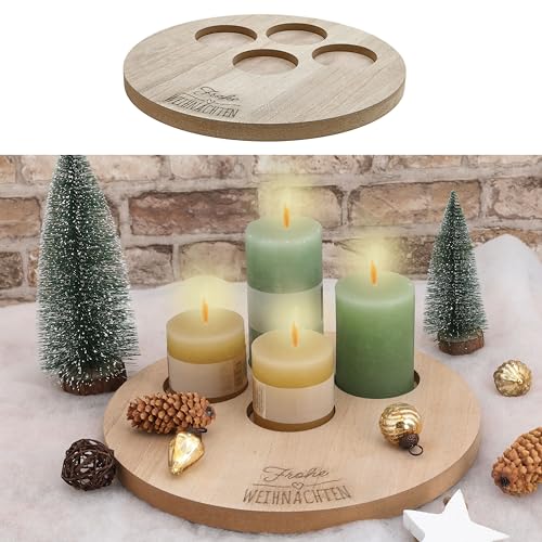 Kerzentablett 'Frohe Weihnachten' | Holz rund Ø32x2cm für 4 Kerzen Ø7cm | Holzbrett mit Aussparungen eingebrannter Schriftzug von Cepewa