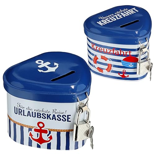 Spardose Kreuzfahrt Urlaubskasse in Herzform | Eisen 8x6x7,5cm blau weiß | Maritime Sparbüchse mit Schloss 2 Motive (1 x 2er Set Spardose Maritim) von Cepewa