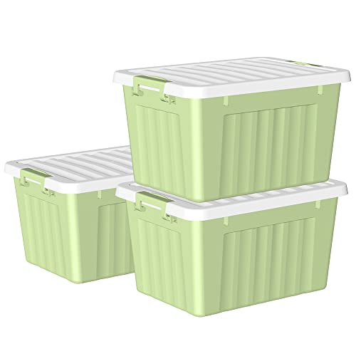 Cetomo 15 l x 3 Kunststoff-Aufbewahrungsbox, grün, Tragetasche, Organisationsbehälter mit robustem Deckel und sicheren Verriegelungsschnallen, stapelbar und stapelbar, 3er-Pack, mit Schnalle von Cetomo