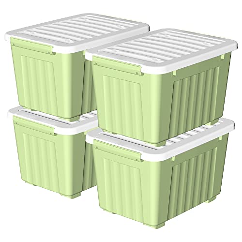 Cetomo 35 l x 4 Kunststoff-Aufbewahrungsbox, grün, Tragetasche, Organisationsbehälter mit robustem Deckel und sicheren Verriegelungsschnallen, stapelbar und stapelbar, 4 Stück, mit Schnalle von Cetomo