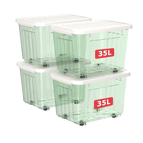 Cetomo 35L*4 Kunststoff-Aufbewahrungsbox transparent grün mit haltbarem Deckel und Sicherheitsverschluss stapelbar und verschachtelbar 4-Packs mit Verschluss von Cetomo