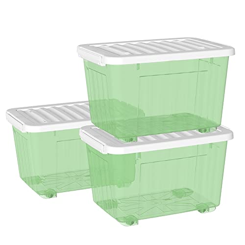 Cetomo 55L*3 Kunststoff-Aufbewahrungsbox Transparent Grün mit haltbarem Deckel und Sicherheitsverschluss stapelbar und verschachtelbar 3-Packs mit Verschluss von Cetomo