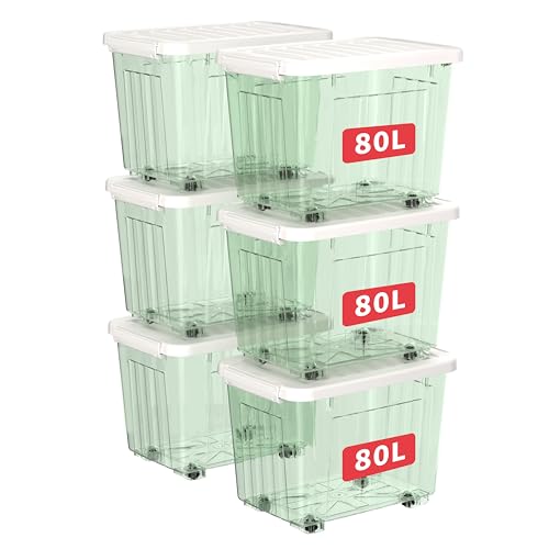 Cetomo 80L*6 Kunststoff-Aufbewahrungsbox transparent grün mit haltbarem Deckel und Sicherheitsverschluss stapelbar und verschachtelbar 6-Packs mit Verschluss von Cetomo