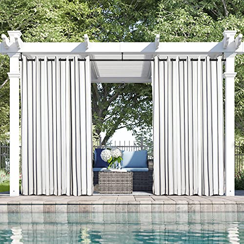 ChadMade Outdoor Vorhang für Terrasse 508B x 244H cm, wasserdichte Winddichte Ösenvorhäng Solide Gardine für Veranda Pergola Cabana Pavillon, Blaubeige Streifen von ChadMade