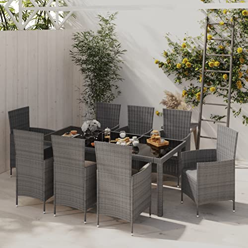 Chaduof 9-TLG. Garten-Essgruppe mit Kissen Poly Rattan Grau, Esstisch Mit Stühlen Set, Gartenmöbel Sitzgruppe, Balkon Möbel, Gartenlounge Set, Terrassenmöbel, Balkonmöbel Set - 3094884 von Chaduof