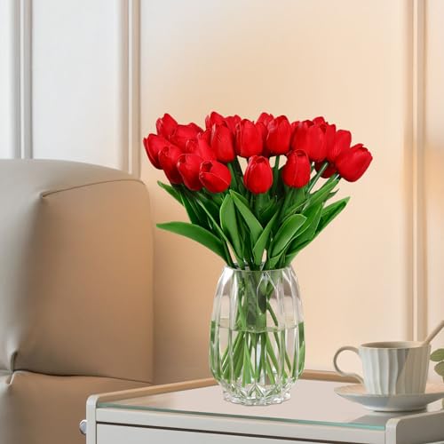 20 Pcs Künstliche Tulpen, (Rot) Fake Tulip Flowers, Latex Artificial Flower with Realistic Touch, Tulip für Hochzeitshausgartenparty Blumendekoration, Innen- und Außengebrauch von ChaneeHann