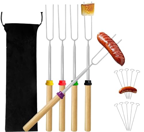 Grillspieße (31-81cm)+10 Stück Rouladennadeln,5 Stück Grillspieße Ausziehbar Edelstahl mit Holzgriff,Edelstahl Marshmallow,Teleskop Edelstahl Spieße für Grillpartys im Freien und im Garten von ChaneeHann