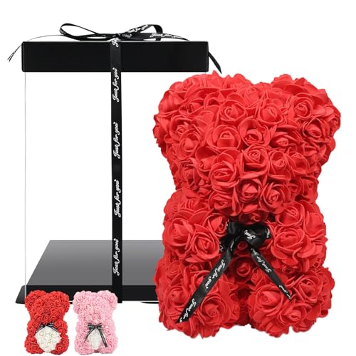 Rose Bear - Flower Teddy Bear Made of Artificial Roses, Rose Teddy Bear, Rose Flower Bear, with Clear Gift Box 25 cm / 10 inches Tall (Red), Valentine's Day or Just for a Romantic Evening von ChaneeHann