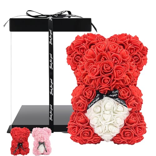 Rose Bear - Flower Teddy Bear made of Artificial Roses,Rose Teddy Bear,Rose Flower Bear,With Clear Gift Box 25 cm / 10 Inches tall (Red - White Heart),Valentine's Day or Just for a Romantic Evening von ChaneeHann