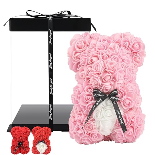 Rose Bear - Flower Teddy Bear made of Artificial Roses,Rose Teddy Bear,Rose Flower Bear,with Clear Gift Box 25 cm/10 inches tall (Shallow Powder),Valentine's Day or Just for a Romantic Evening von ChaneeHann