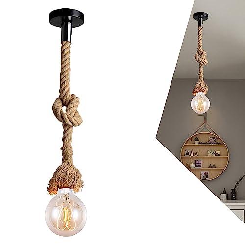 Hanf Seil Single Pendelleuchte, Vintage Seil Lampen Hanfseil Seil Lampe E27 Hängeleuchte Seilleuchte Edison Lampen Hanfseil Hängelampe DIY Kronleuchter für Cafe Restaurant Bar Industrie Retro (200cm) von Chao Zan