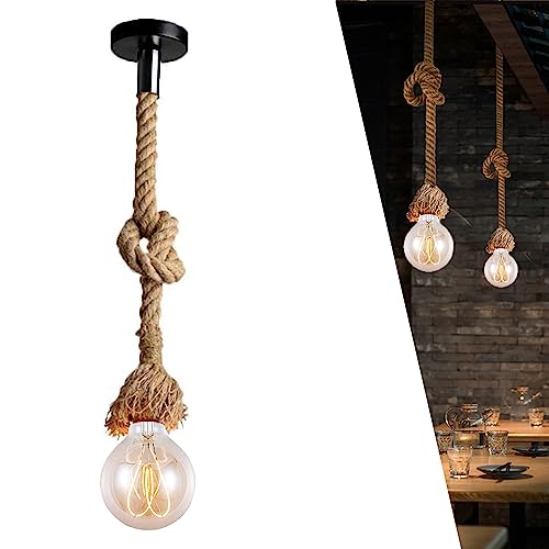 Hanf Seil Single Pendelleuchte, Vintage Seil Lampen Hanfseil Seil Lampe E27 Hängeleuchte Seilleuchte Edison Lampen Hanfseil Hängelampe DIY Kronleuchter für Cafe Restaurant Bar Industrie Retro (150cm) von Chao Zan