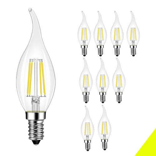 LED Lampe Kerze Birne E14 4W Ersetzt 36W Halogen Glühbirne Äquivalent, Kaltweiss 6000K, Filament GlühbirneE14 Klar für Kronleuchter und Kristalllichter Flame C35, Abstrahlwinkel 360°, Glas (10 Stück) von Chao Zan