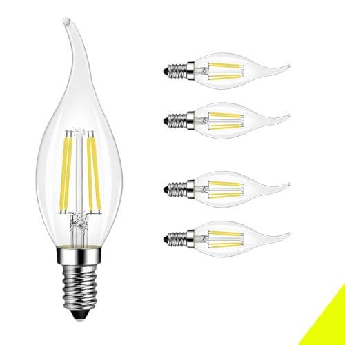 LED Lampe Kerze Birne E14 4W Ersetzt 36W Halogen Glühbirne Äquivalent, Kaltweiss 6000K, Filament GlühbirneE14 Klar für Kronleuchter und Kristalllichter Flame C35, Abstrahlwinkel 360°, Glas (5 Stück) von Chao Zan