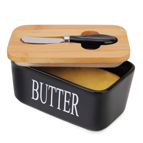 Butterdose mit Deckel, Chasechic Ceramic Butter Keeper mit Deckel und Messer, 500ML luftdicht große Porzellan Butterbehälter Halter，Schwarz von Chase Chic