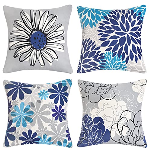 Cheekywares Sofakissen 40 X 40 Deko Kissenbezug Moderne Kissenhülle Gänseblümchen Marineblau Leinen Dekokissen Couchkissen Kissenbezüge für Garten Terrasse Balkon Sofa Couch Kissen 4 Stück von Cheekywares