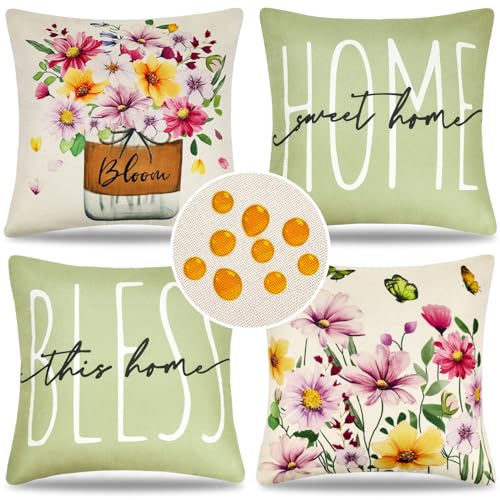 Cheekywares 4 Stück Kissenbezüge Salbei Dekorativ Blumen Sofakissen Frühling Sommer wasserdichte Kissenhülle Leinen Zierkissenbezüge 40x40cm für Sofa Schlafzimmer Wohnzimmer Auto Zuhause Dekoration von Cheekywares