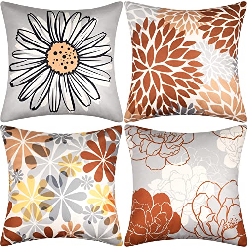 Cheekywares Kissenbezüge Sofakissen Blumen Boho Abstrakte Vintage Leinen Braun Grau Zierkissenbezüge Dekorative für Sofa Schlafzimmer Wohnzimmer Couchkissen Kissenbezügen 40x40cm, 4er Set von Cheekywares