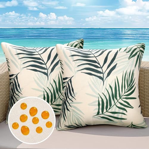 Kissenbezug 40x40 Grün Outdoor Kissen Sofakissen Wasserdicht Leinen Frühling Sommer Kissenbezüge Deko Tropische Blattmuster Couchkissen Zierkissen Bezug für Garten Sofa Couch Schlafzimmer 2er Set von Cheekywares