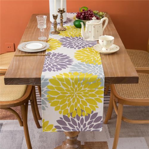 Tischläufer Leinen Tischläufer Frühling Wohnzimmer Gelb und Grau Tischdeko Boho Blumen Tischmatten für Kommode Schrank Tisch TV Küche Esstisch Party Bankett Hochzeit Tischläufer 33 x 183cm von Cheekywares