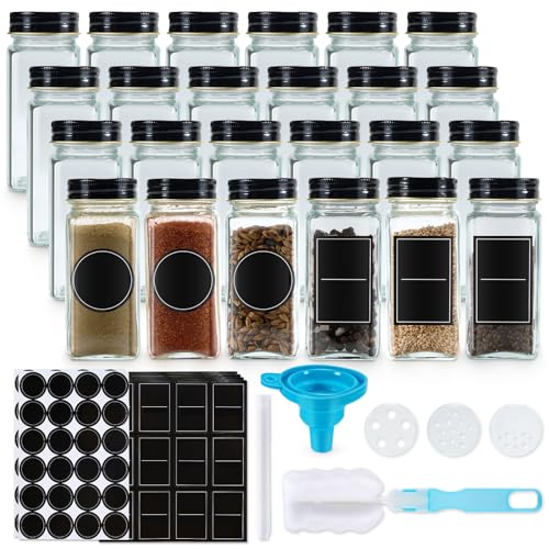 Cheerhom Gewürzgläser 24er Set Eckig 120ml Gewürzdosen, Gewürzstreuer Glas Gewürzbehälter, Gewürze Aufbewahrung mit Streueinsatz, Etiketten, Trichter, Bürste - Spice jars (Schwarz) von Cheerhom