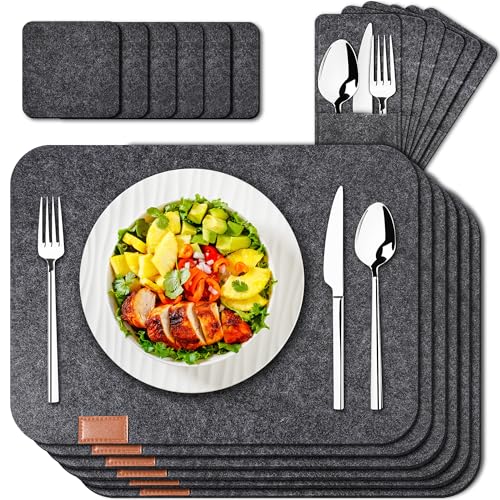 Tischset aus Filz 18er Set, 6 Tischsets Abwaschbar Platzsets Hitzebeständig rutschfest Platzdeckchen mit 6 Untersetzer 6 BestecksäCken für Küche Speisetisch, 44x32cm【Anthrazit】 von Cheerhom