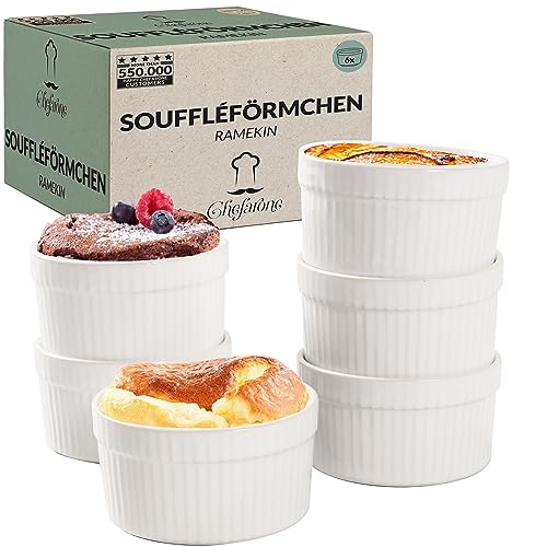 Chefarone® Soufflé Förmchen Backofenfest 6er Set - Creme Brulee Schälchen Keramik zum Backen und Anrichten - Feuerfeste Schale 200 ml - 6er Set weiß (9x4,5CM) von Chefarone