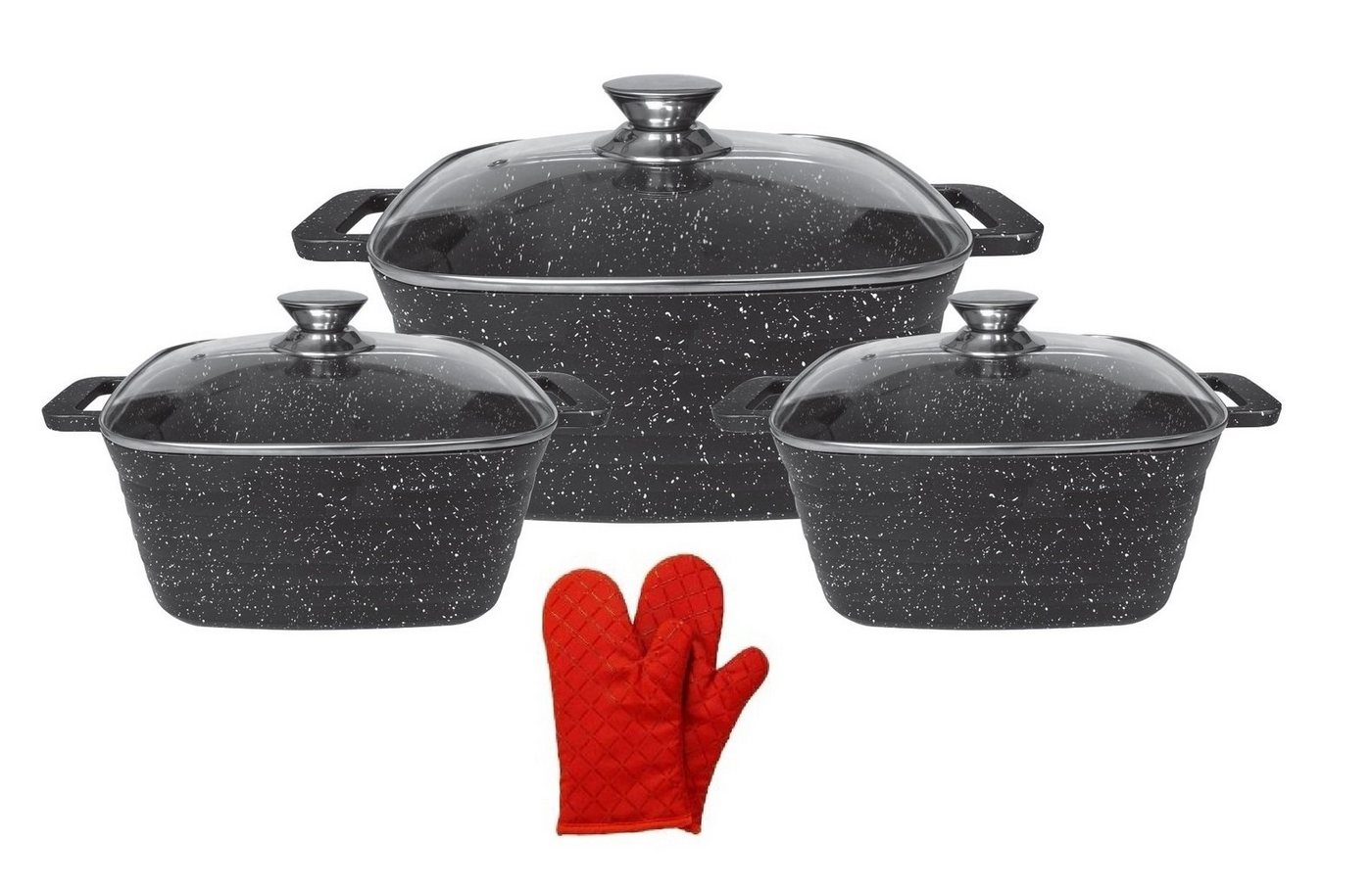 Cheffinger Topf-Set Kochtopf Kasserolle Topf Set 6-tlg Quadratisch m. Handschuhe, Material: Aluminium, Glas von Cheffinger